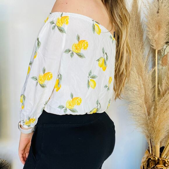 F21 FOREVER 21 White Yellow Lemon Print Off The Shoulder Blouse Shirt Crop Top L - Picture 8 of 8